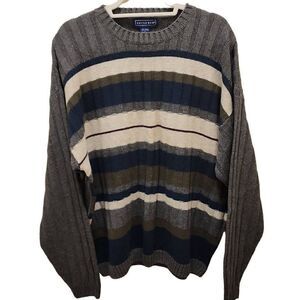 Savile Row Men's Gray Striped Ramie Ribbed Crew Neck Pullover Sweater‎ Large
